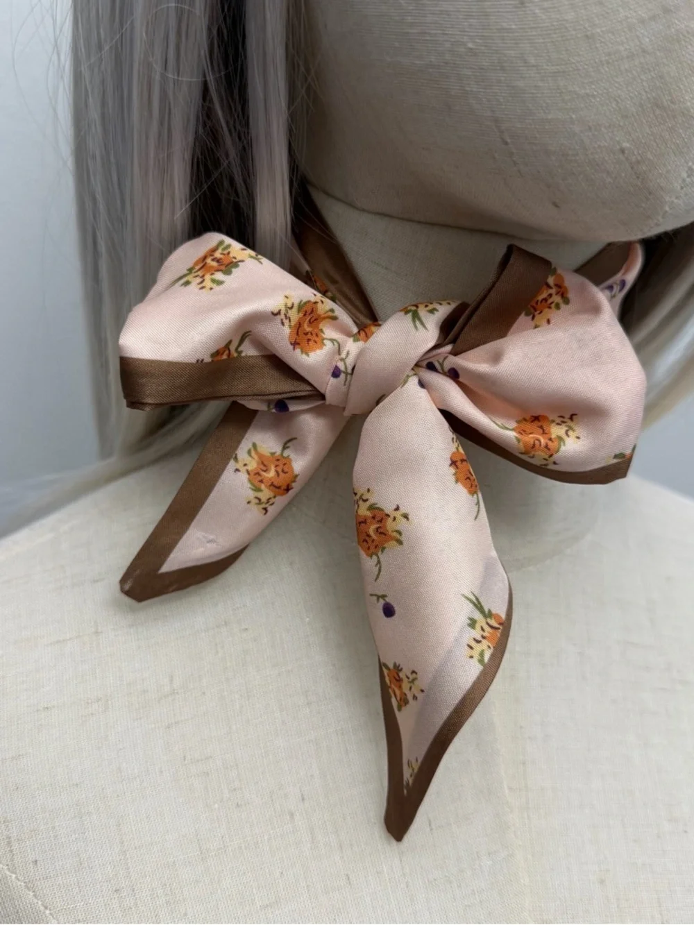 Blush Pink Floral Skinny Scarf Brown Trim Twilly Hair Tie Neck Scarf